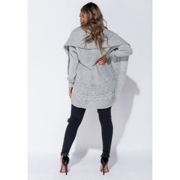 Grey Chunky Cable Knit Long Sleeve Shawl Collar Open Front Midi Cardigan - Picture 7 of 11